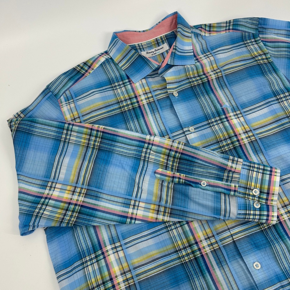 Tommy Bahama Island Zone Shirt Men's XL Blue Plaid Long Sleeve‎ Button Down